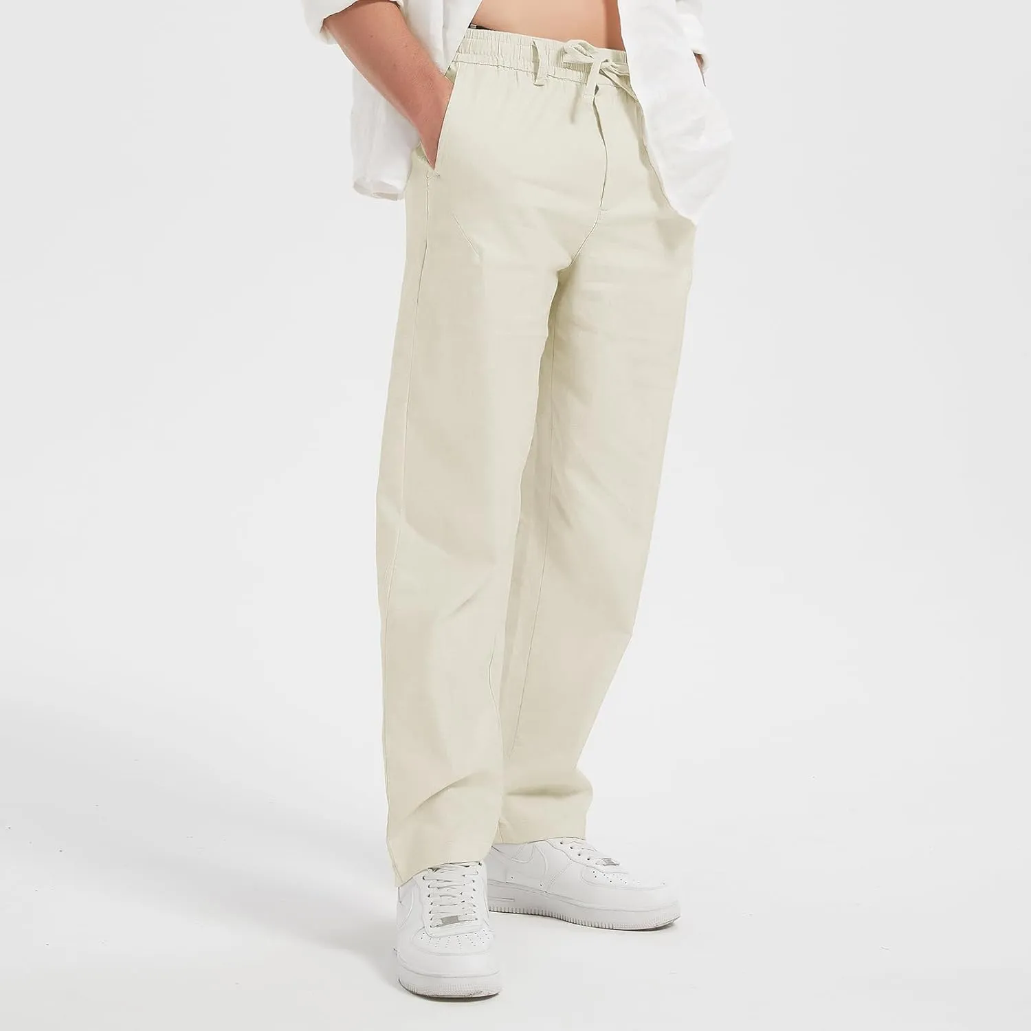 Men's Cotton Linen Pants Casual Loose Fit Elastic Drawstring Waist Yoga Pant Summer Beach Baggy Trousers