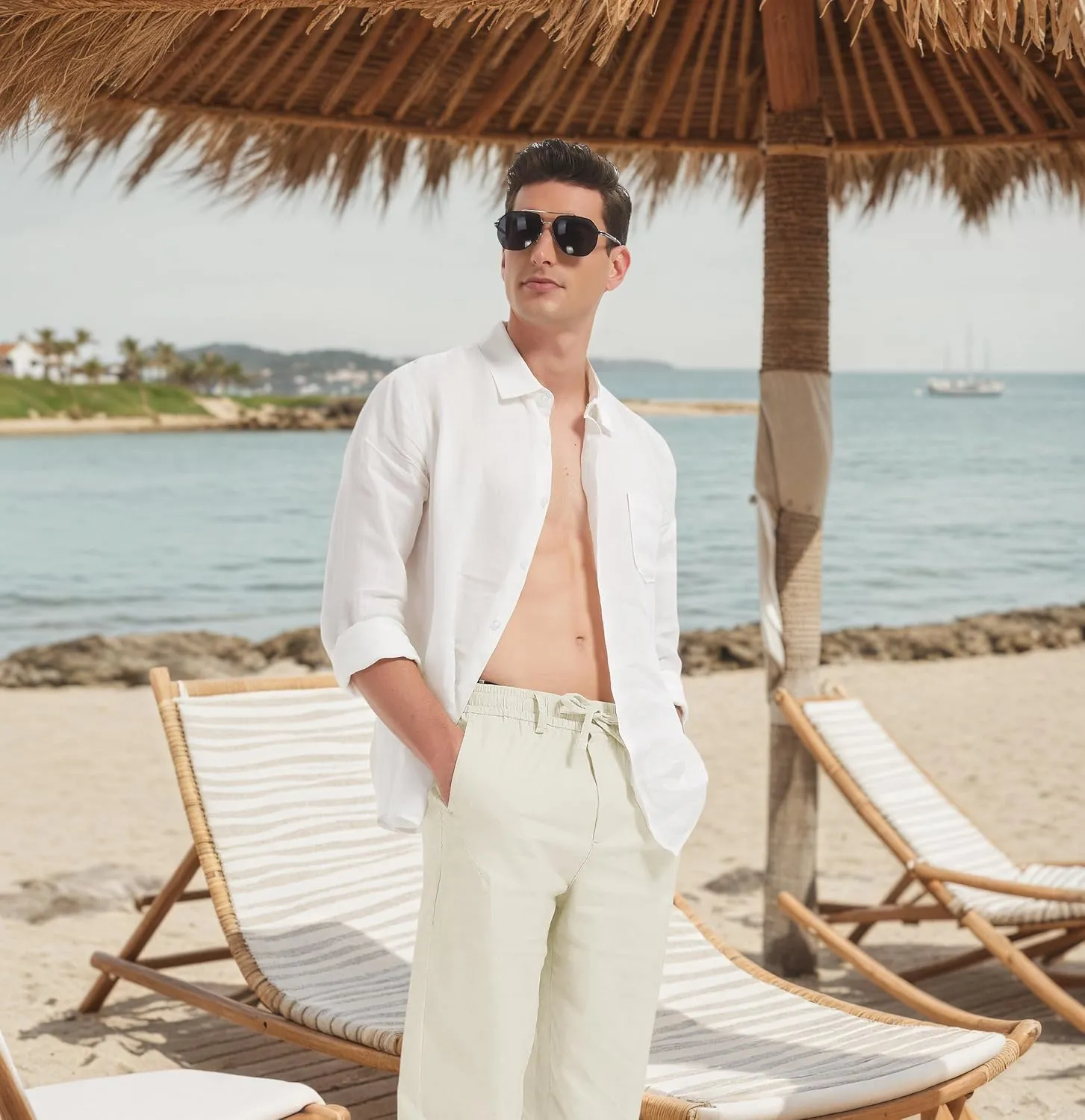 Men's Cotton Linen Pants Casual Loose Fit Elastic Drawstring Waist Yoga Pant Summer Beach Baggy Trousers