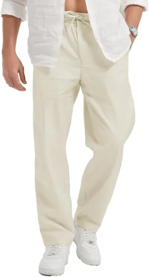 Men's Cotton Linen Pants Casual Loose Fit Elastic Drawstring Waist Yoga Pant Summer Beach Baggy Trousers