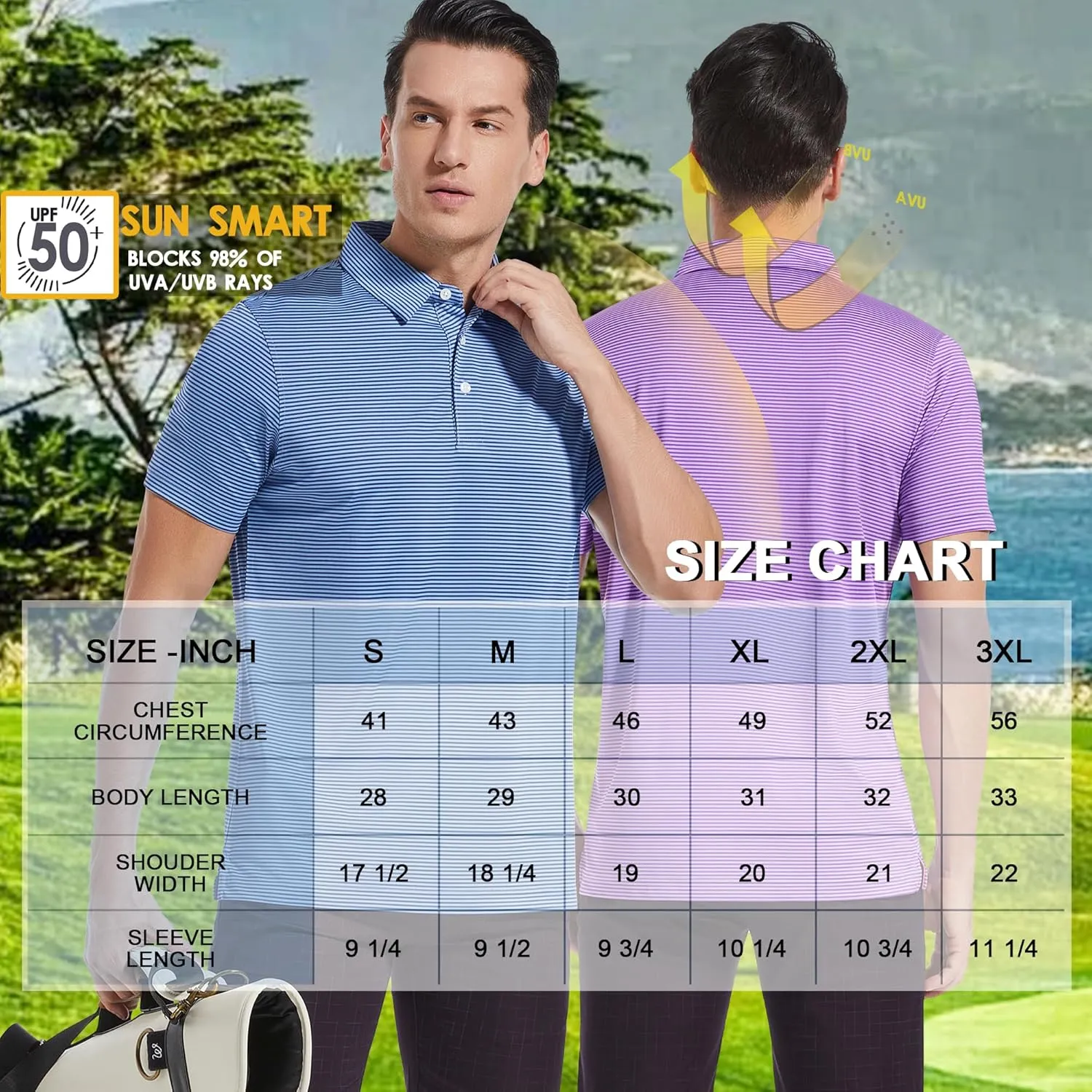 Mens Golf Polo Shirt Moisture Wicking Dry Fit Performance Athletic Short Sleeve Striped Golf Shirts for Men