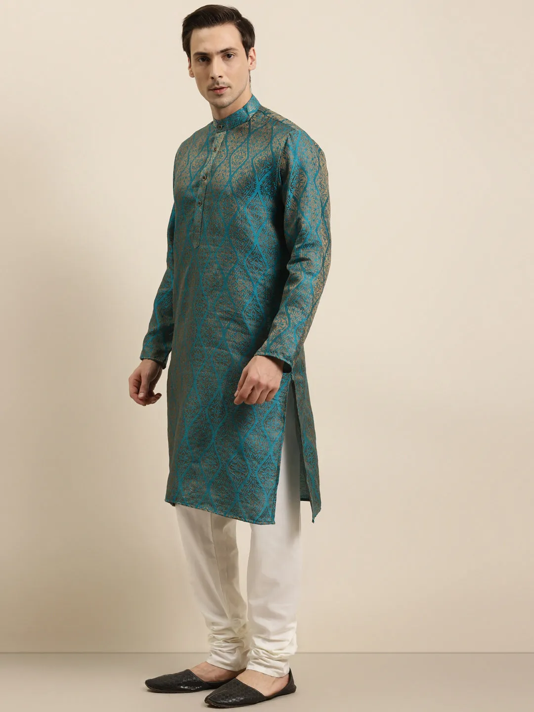 Men's Jacquard Silk Teal Blue & Gold Kurta & Off-White Churidar Pyjama Set - Sojanya