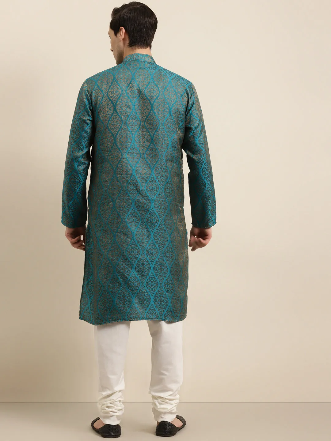 Men's Jacquard Silk Teal Blue & Gold Kurta & Off-White Churidar Pyjama Set - Sojanya
