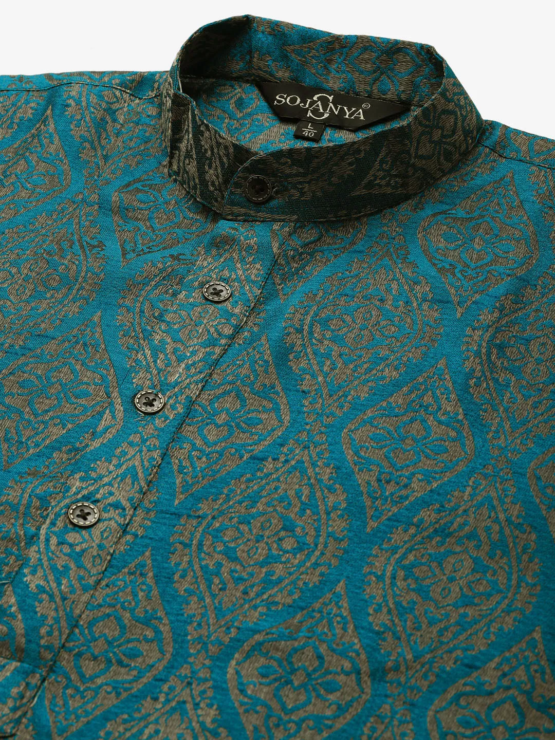 Men's Jacquard Silk Teal Blue & Gold Kurta & Off-White Churidar Pyjama Set - Sojanya