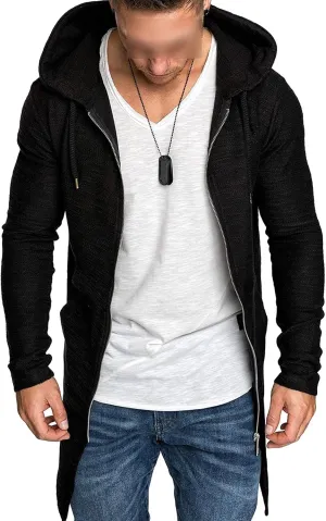 Mens Long Cardigan Jacket Slim Fit Open Front Longline Hooded Cardigan Coat Lightweight Overcoat With Pockets, Black, XX-Large