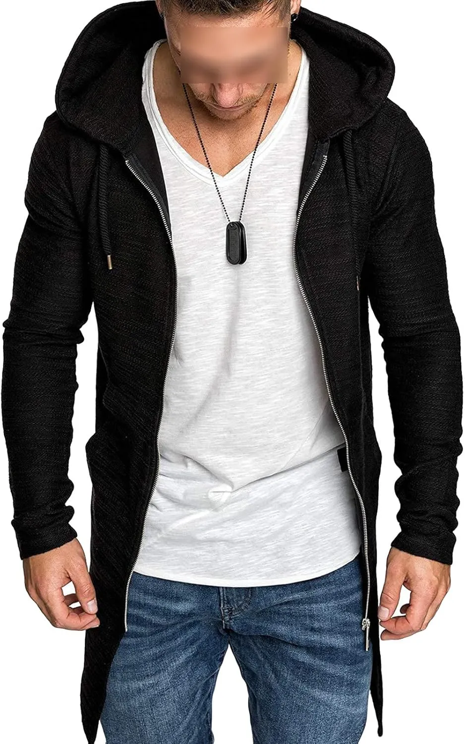 Mens Long Cardigan Jacket Slim Fit Open Front Longline Hooded Cardigan Coat Lightweight Overcoat With Pockets, Black, XX-Large