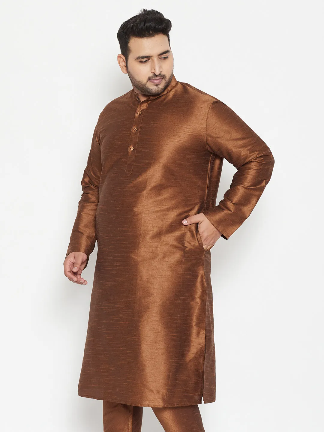 Men's Plus Coffee Brown Silk Blend Kurta - Vastramay