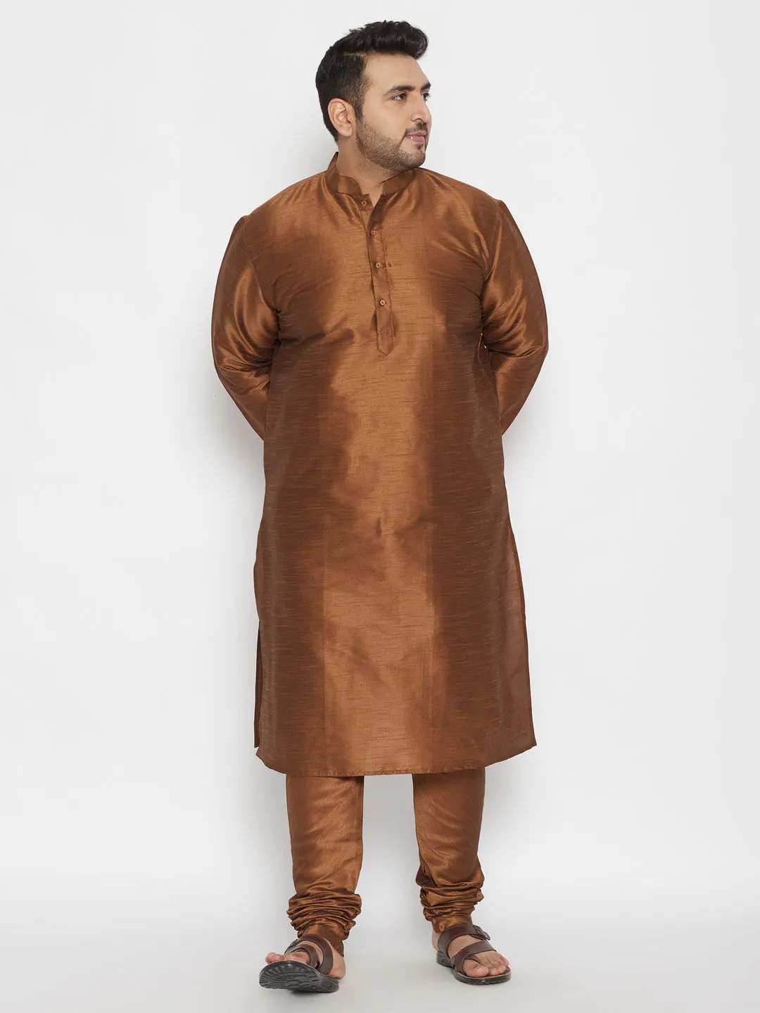 Men's Plus Coffee Brown Silk Blend Kurta - Vastramay