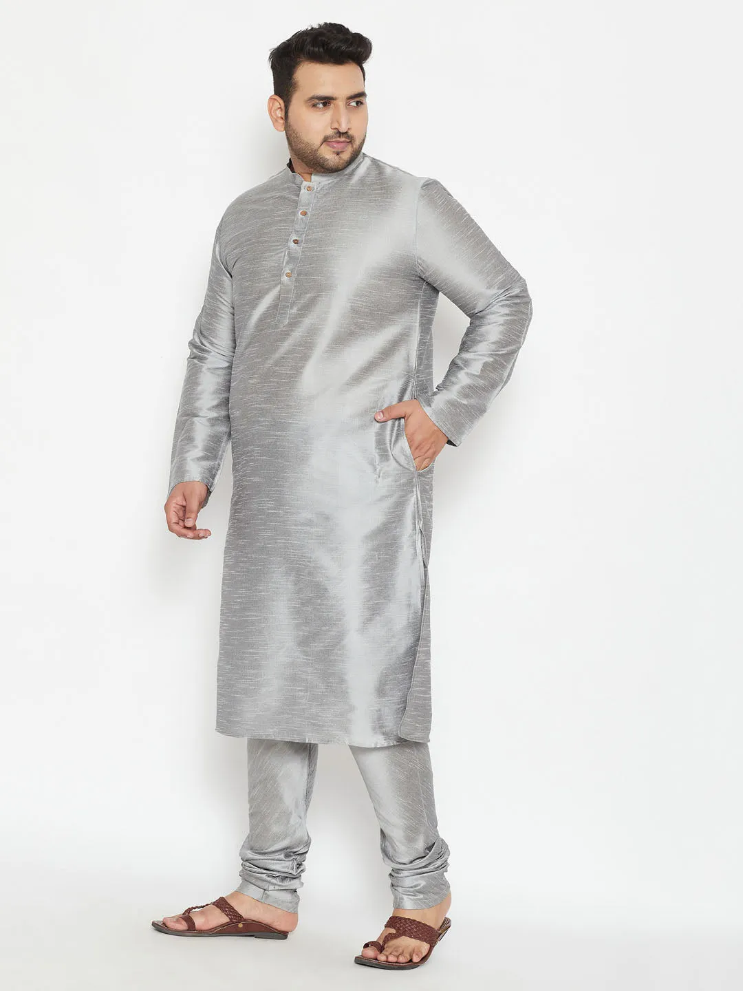 Men's Plus Grey Silk Blend Kurta Pyjama Set - Vastramay