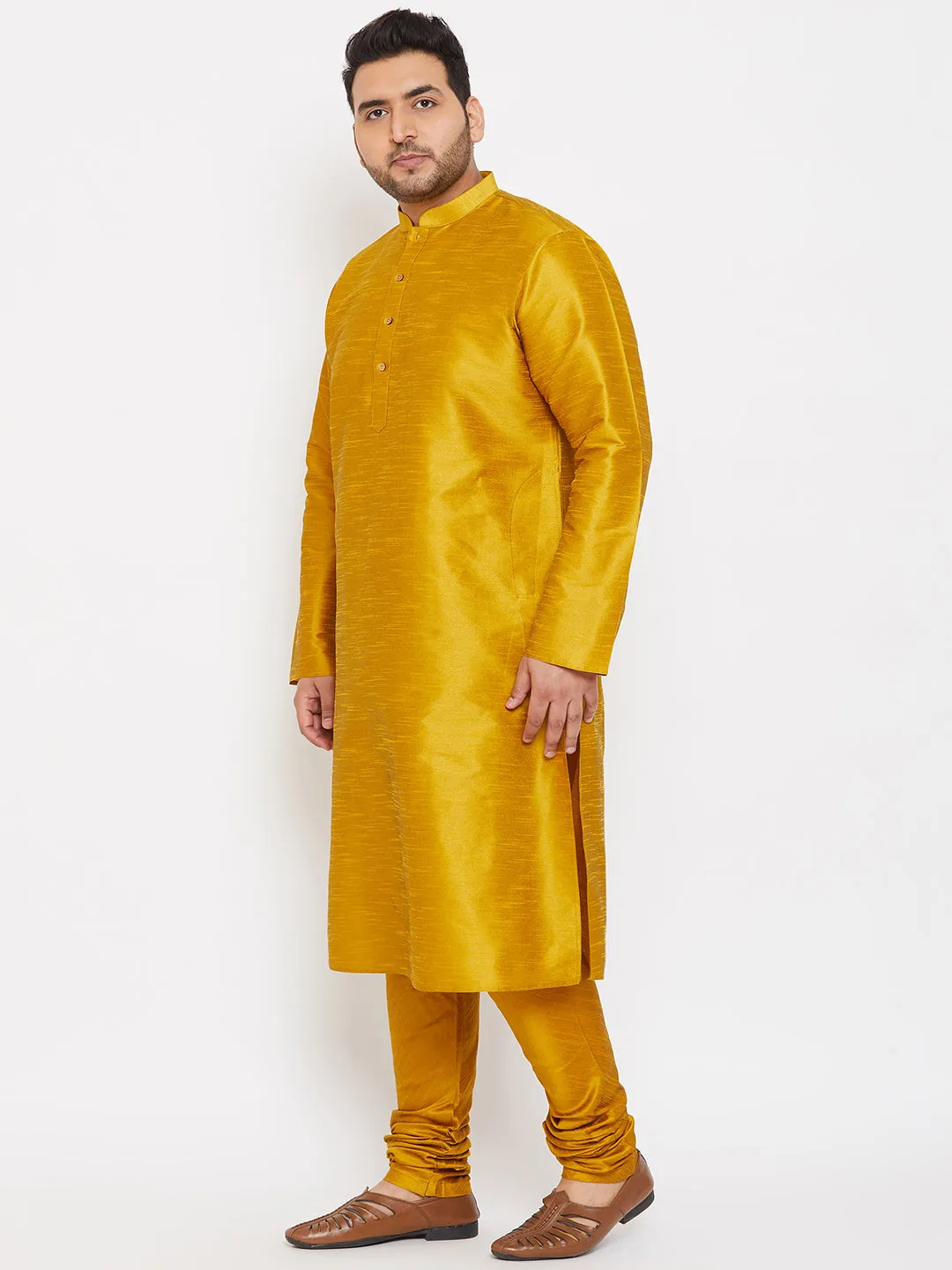Men's Plus Mustard Silk Blend Kurta Pyjama Set - Vastramay