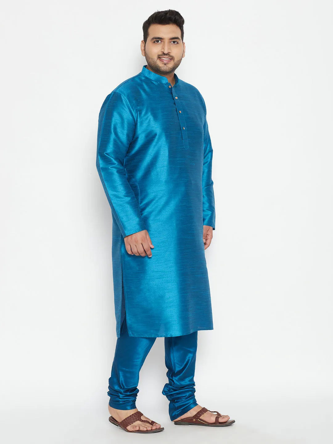 Men's Plus Turquoise Silk Blend Kurta Pyjama Set - Vastramay