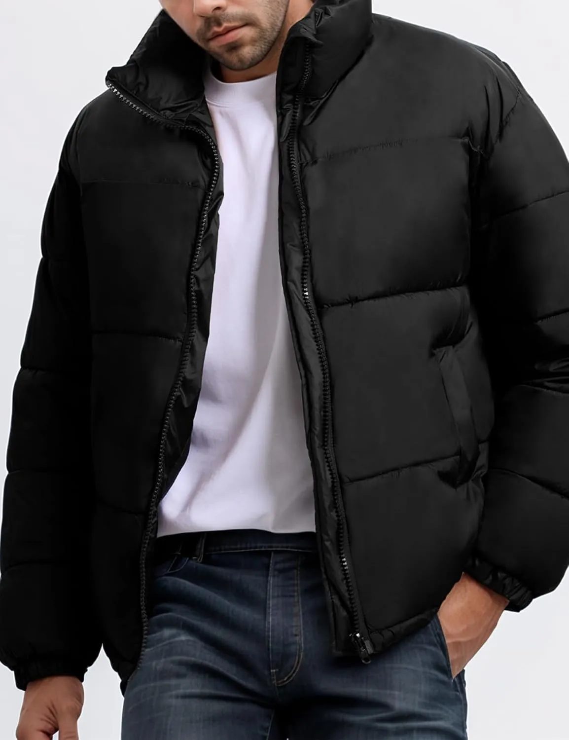 Mens Puffer Jacket Winter Warm Lightweight Puffy Coats Waterproof Long Sleeve Zip Up Quilted Parka Jackets