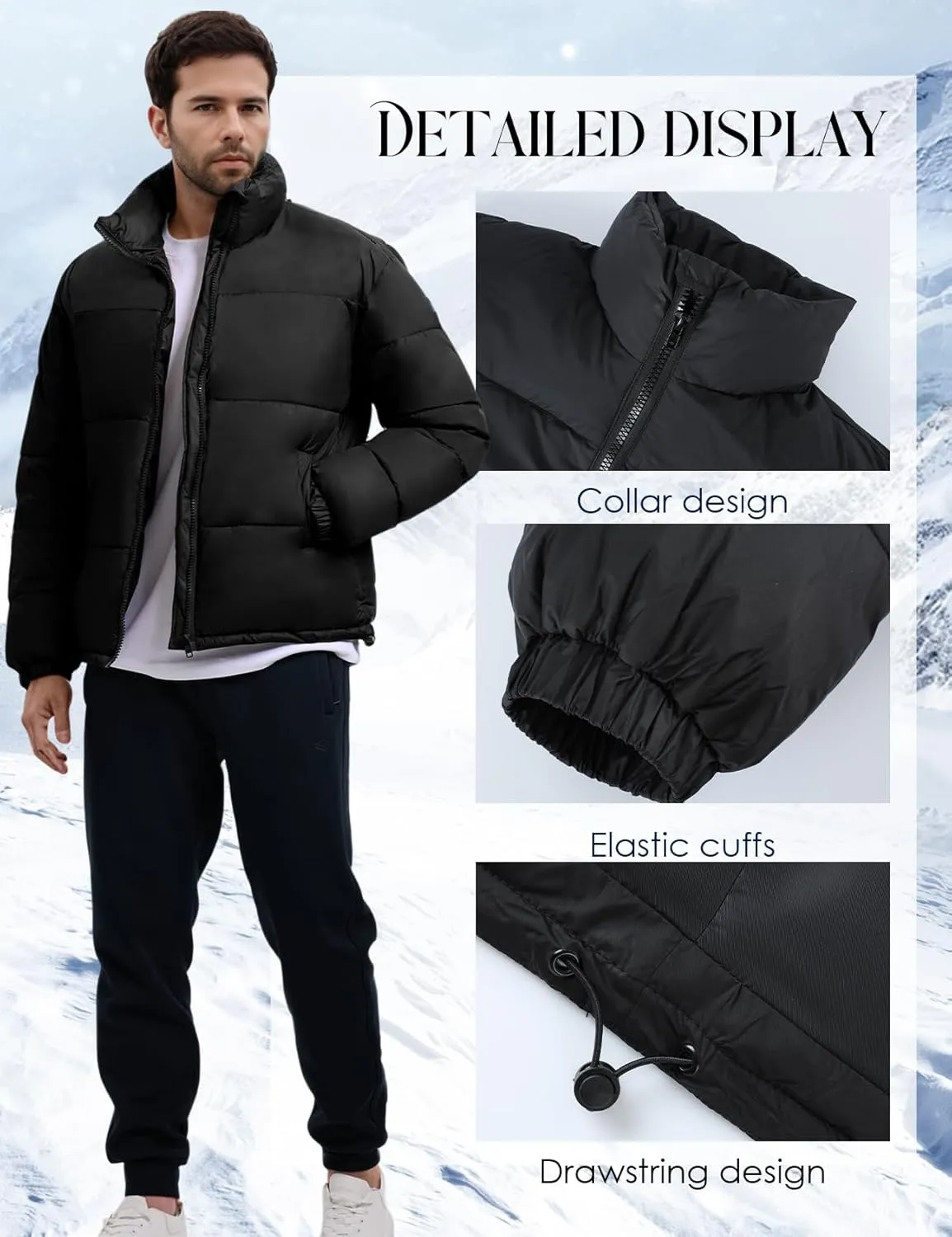 Mens Puffer Jacket Winter Warm Lightweight Puffy Coats Waterproof Long Sleeve Zip Up Quilted Parka Jackets