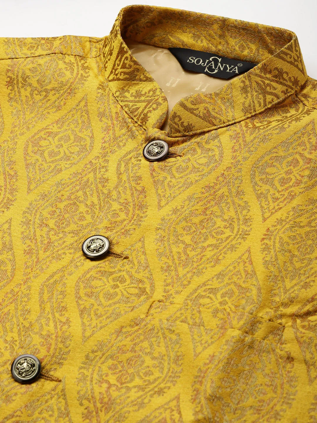 Men's Silk Blend Black Kurta Pyjama & Mustard Nehrujacket Combo - Sojanya