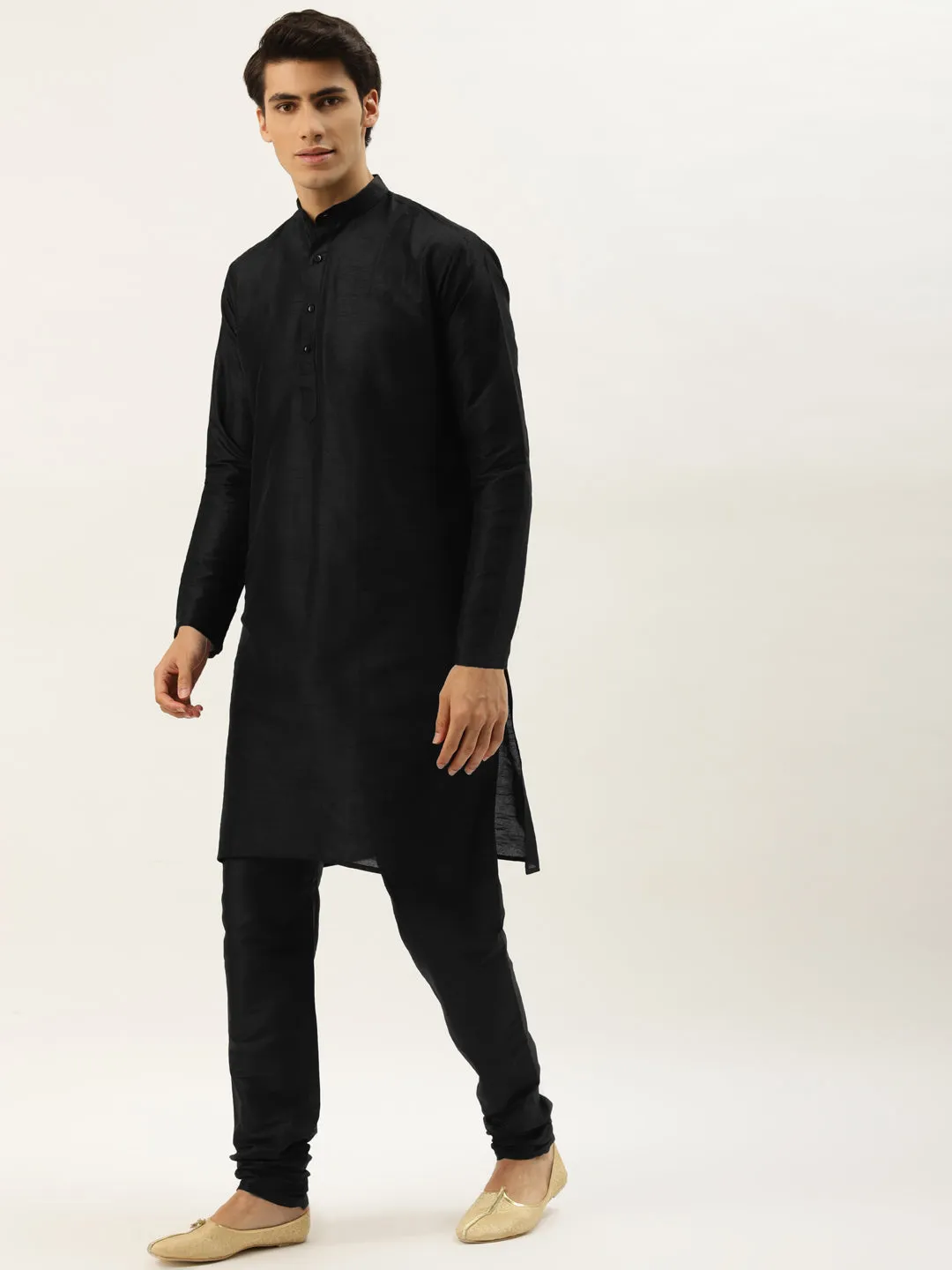 Men's Silk Blend Black Kurta Pyjama & Mustard Nehrujacket Combo - Sojanya