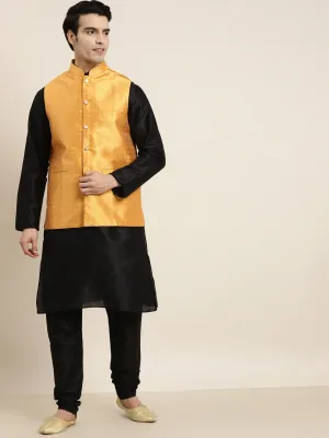 Men's Silk Blend Black Kurta Pyjama & Silk Blend Mustard Self Design Nehrujacket - Sojanya