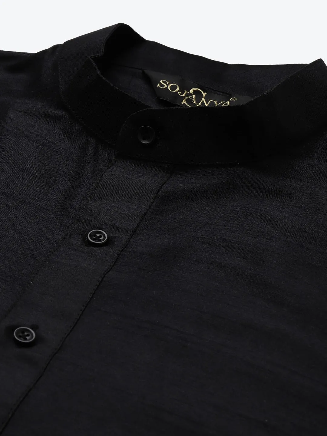Men's Silk Blend Black Kurta Pyjama & Silk Blend Mustard Self Design Nehrujacket - Sojanya