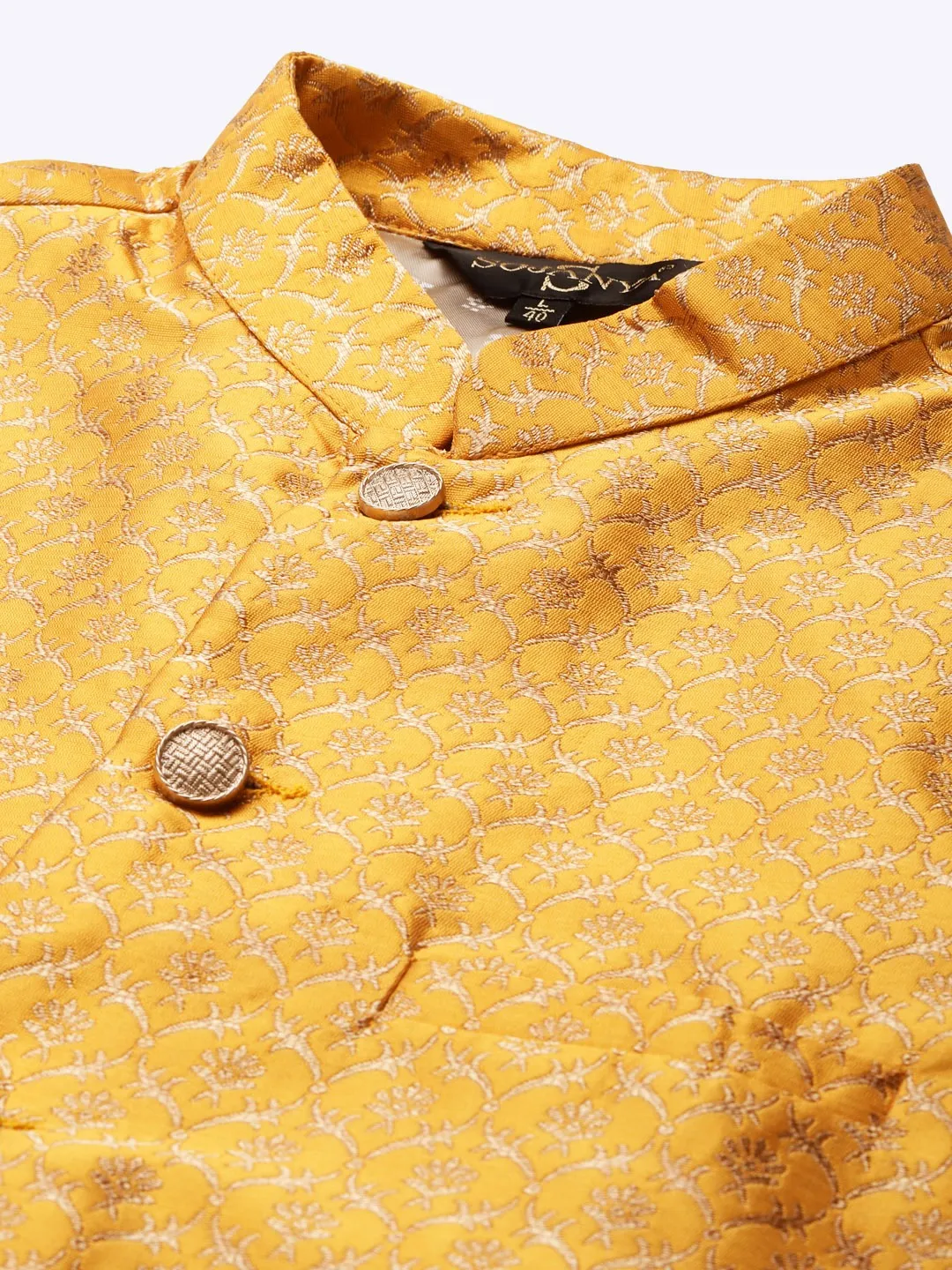 Men's Silk Blend Black Kurta Pyjama & Silk Blend Mustard Self Design Nehrujacket - Sojanya