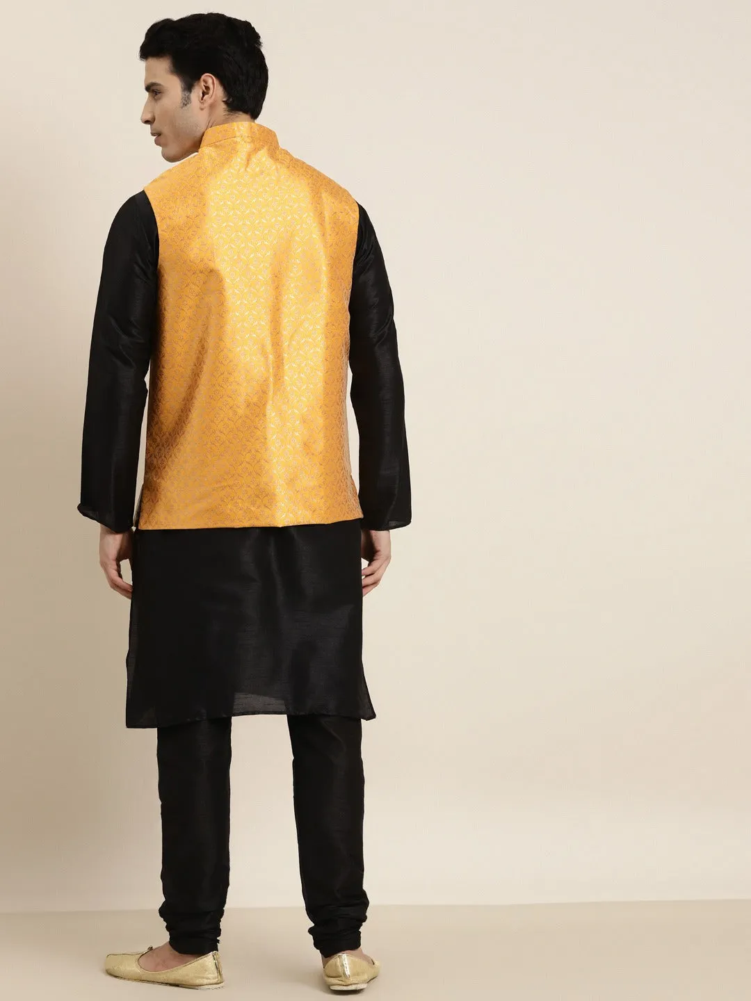 Men's Silk Blend Black Kurta Pyjama & Silk Blend Mustard Self Design Nehrujacket - Sojanya