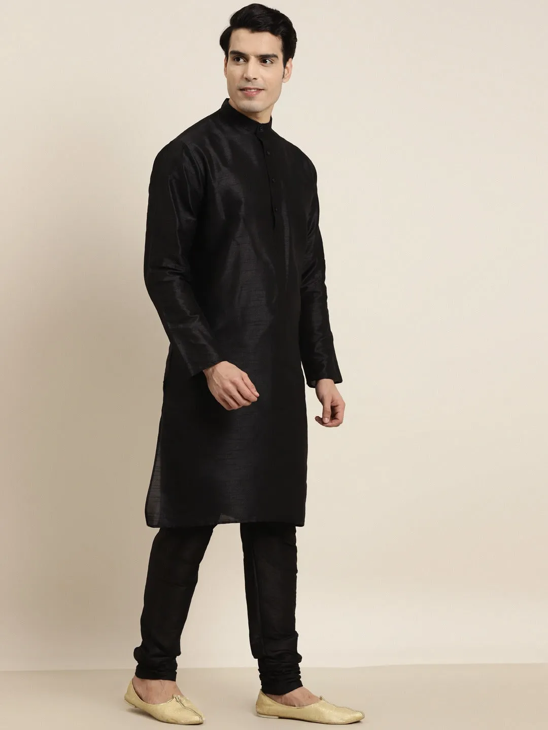 Men's Silk Blend Black Kurta Pyjama & Silk Blend Mustard Self Design Nehrujacket - Sojanya