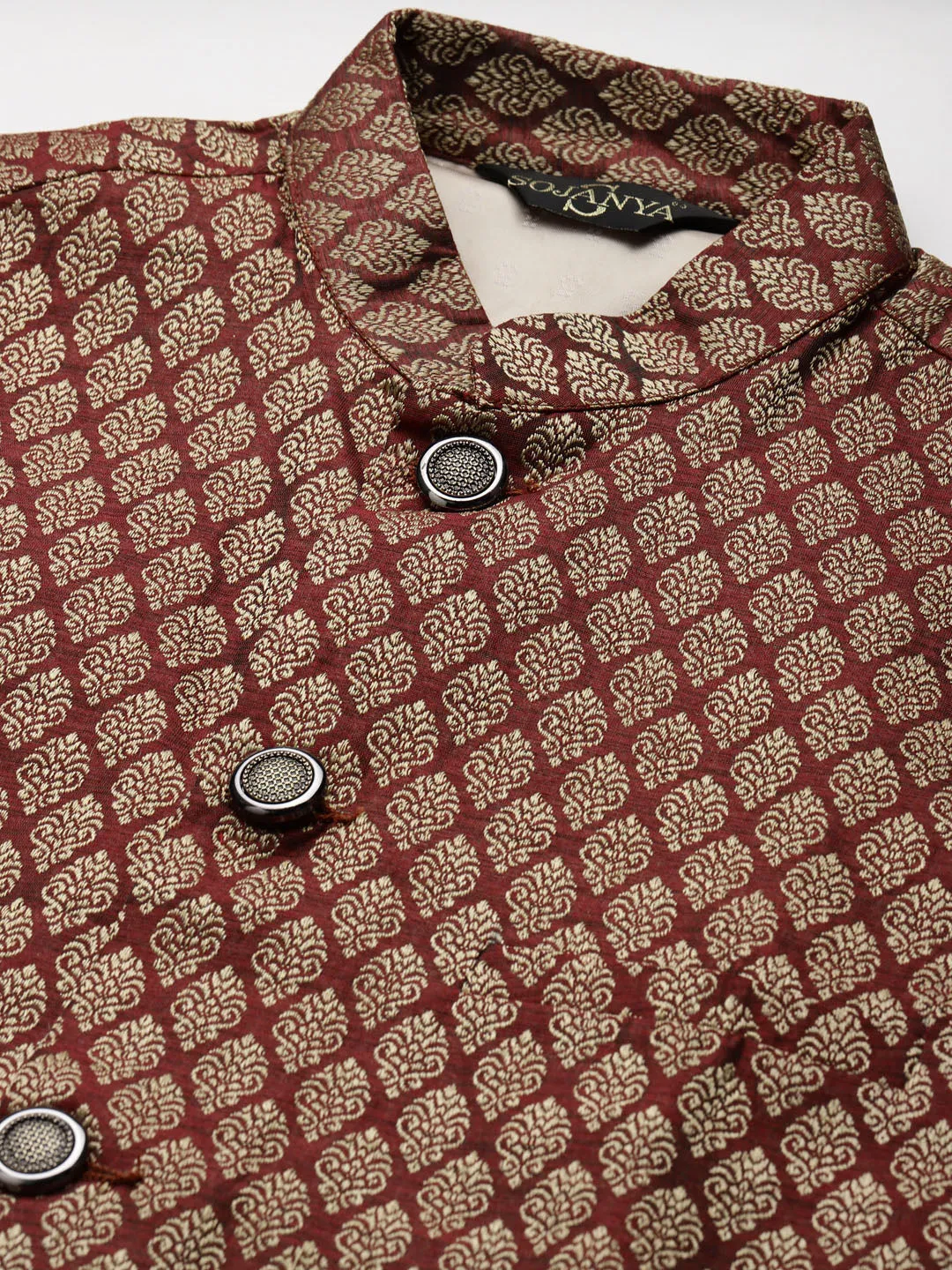 Men's Silk Blend Gold Kurta Pyjama & Maroon Nehrujacket Combo - Sojanya