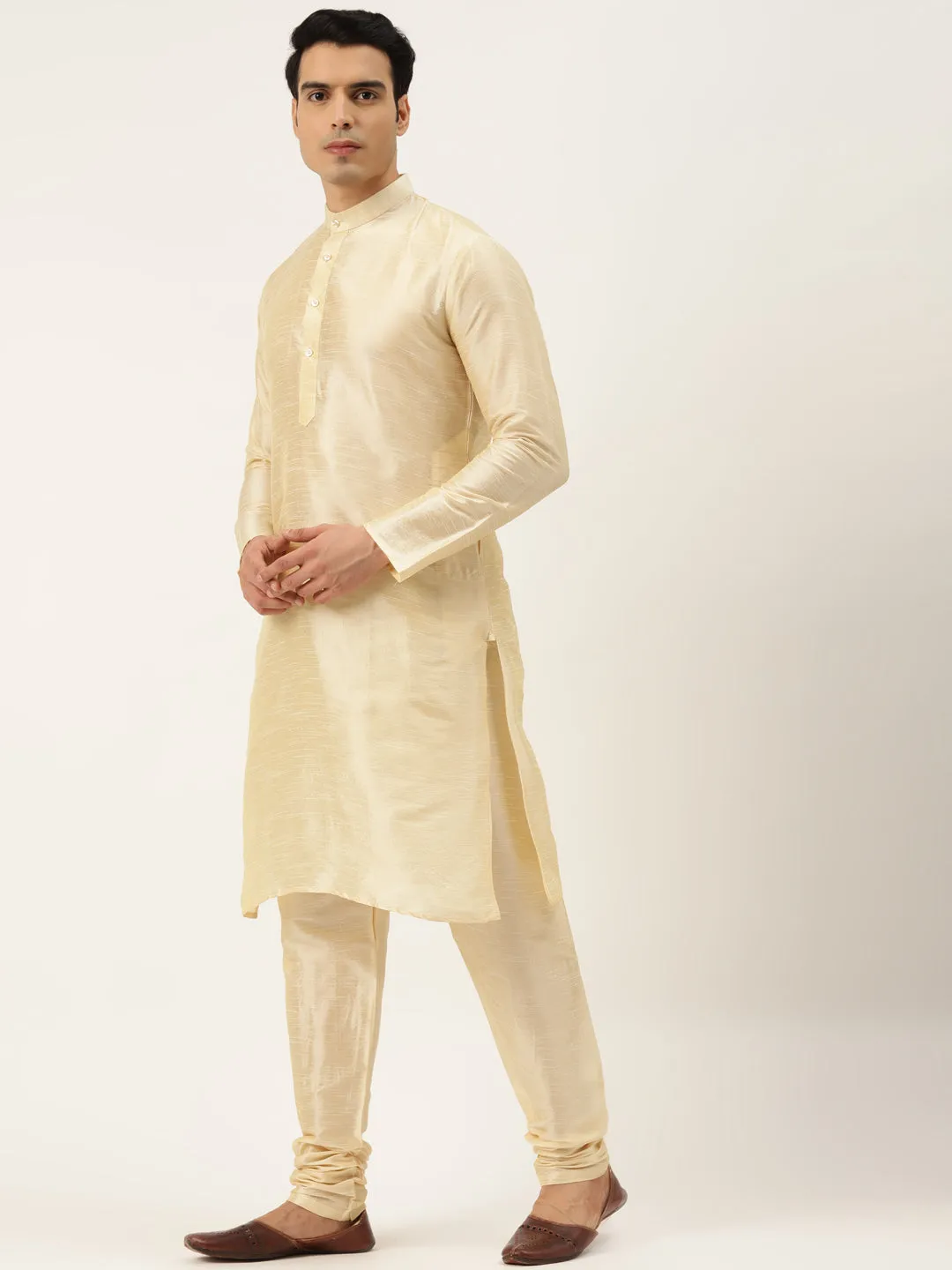 Men's Silk Blend Gold Kurta Pyjama & Maroon Nehrujacket Combo - Sojanya