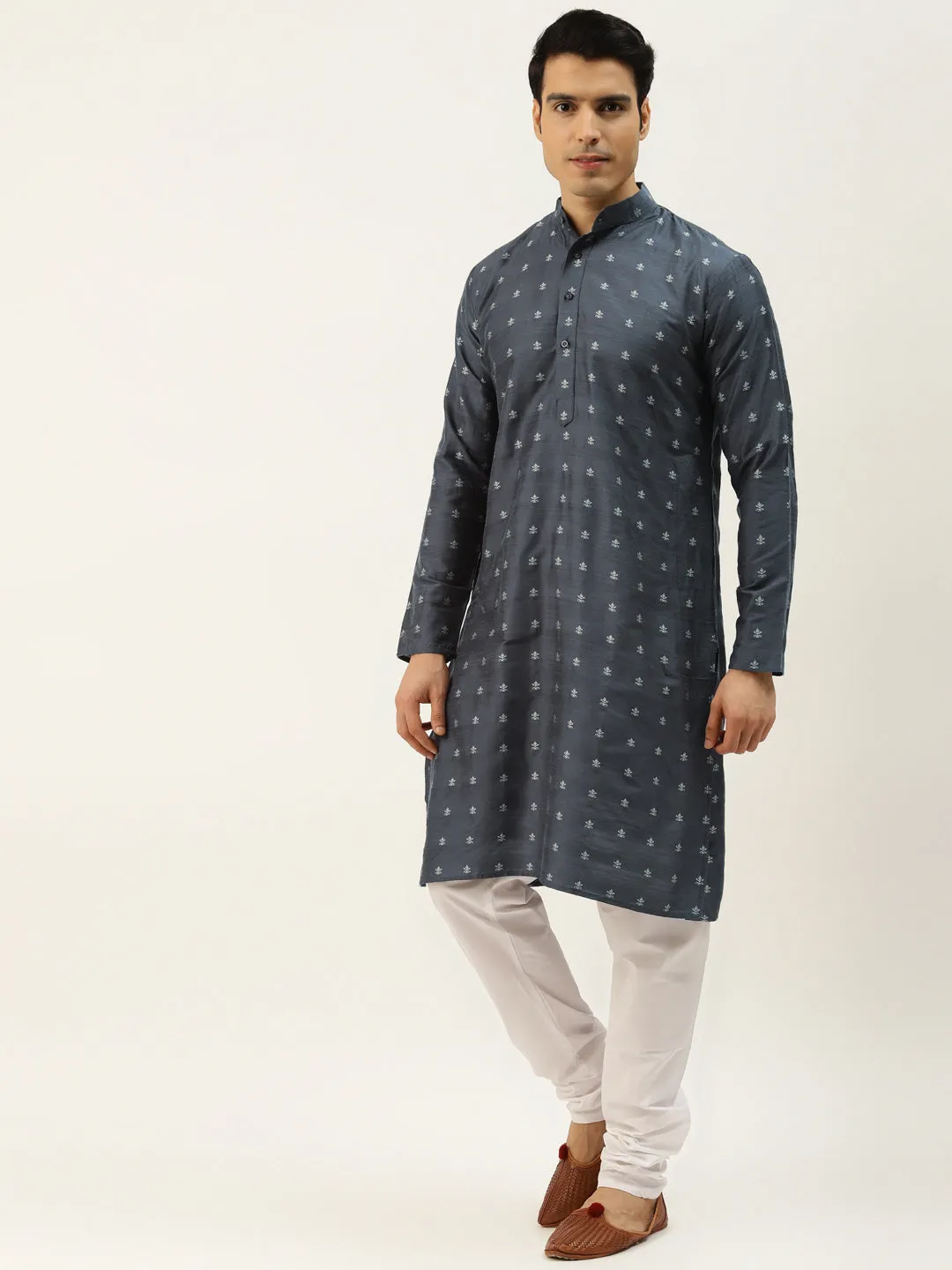 Men's Silk Blend Grey Kurta & DarkGreen Nehrujacket With White Pyjama Combo - Sojnaya
