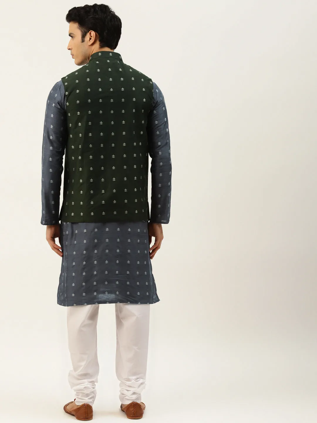 Men's Silk Blend Grey Kurta & DarkGreen Nehrujacket With White Pyjama Combo - Sojnaya