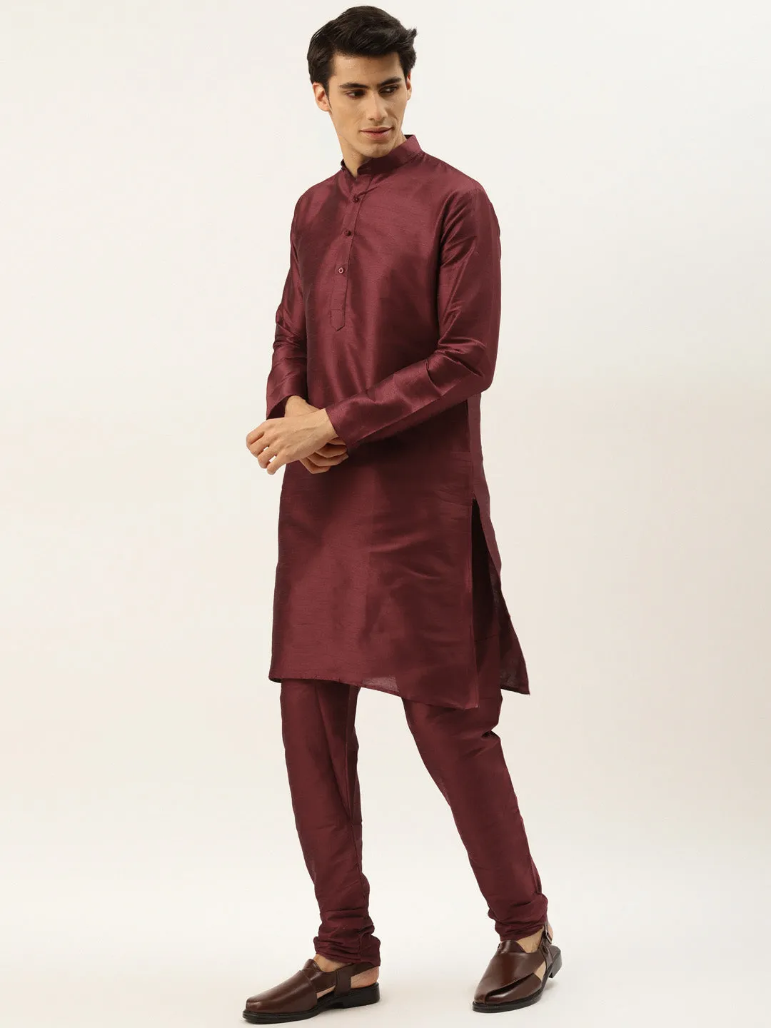 Men's Silk Blend Maroon Kurta Pyjama & Gold Nehrujacket Combo - Sojanya