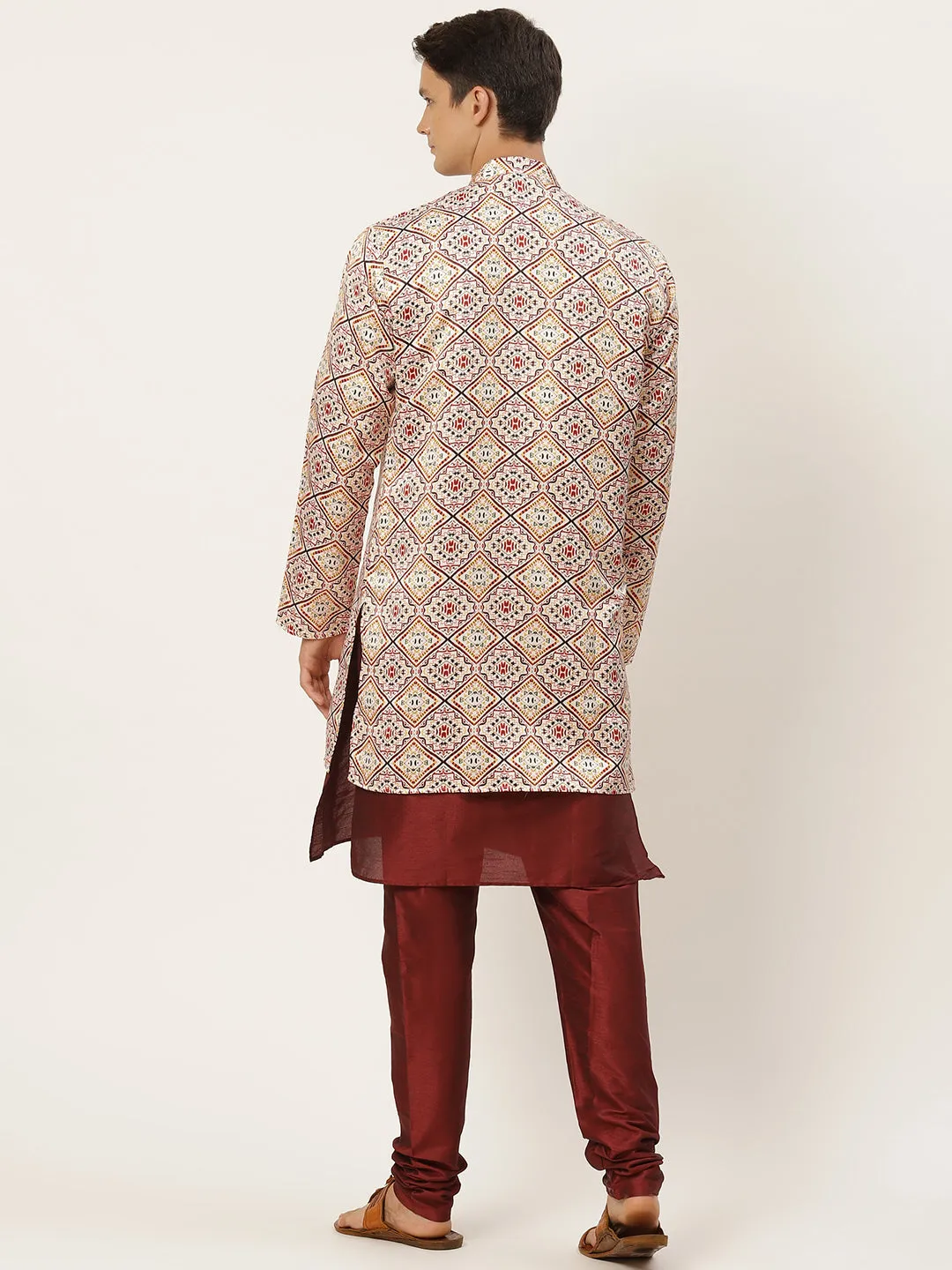 Men's Silk Blend Maroon Kurta Pyjama & Offwhite Jacket Combo - Sojanya