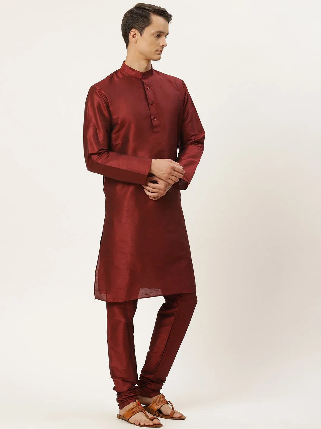 Men's Silk Blend Maroon Kurta Pyjama & Offwhite Jacket Combo - Sojanya