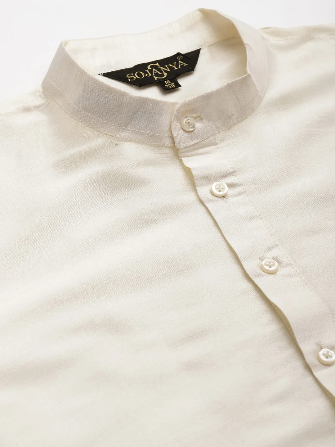 Men's Silk Blend Off White Kurta Pyjama & Cream Nehrujacket Combo - Sojanya
