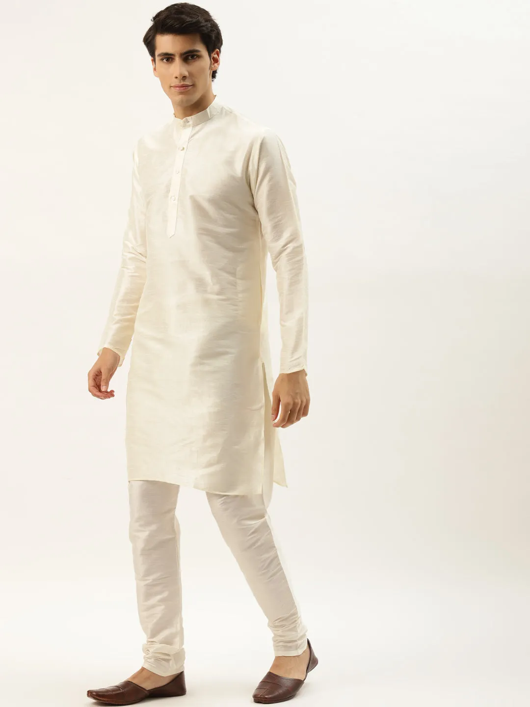 Men's Silk Blend Off White Kurta Pyjama & Cream Nehrujacket Combo - Sojanya
