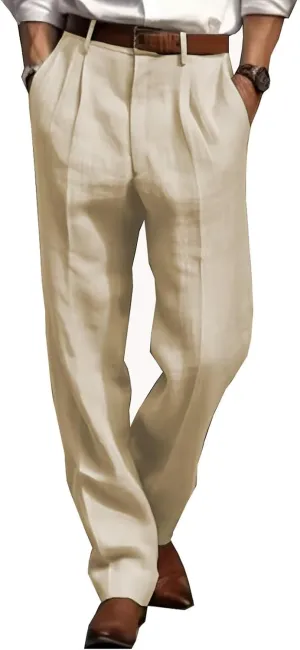 Men's Summer Linen Pleated Front Dress Pants Comfortable Breathable Straight Leg Suit Trousers for Daily Travel