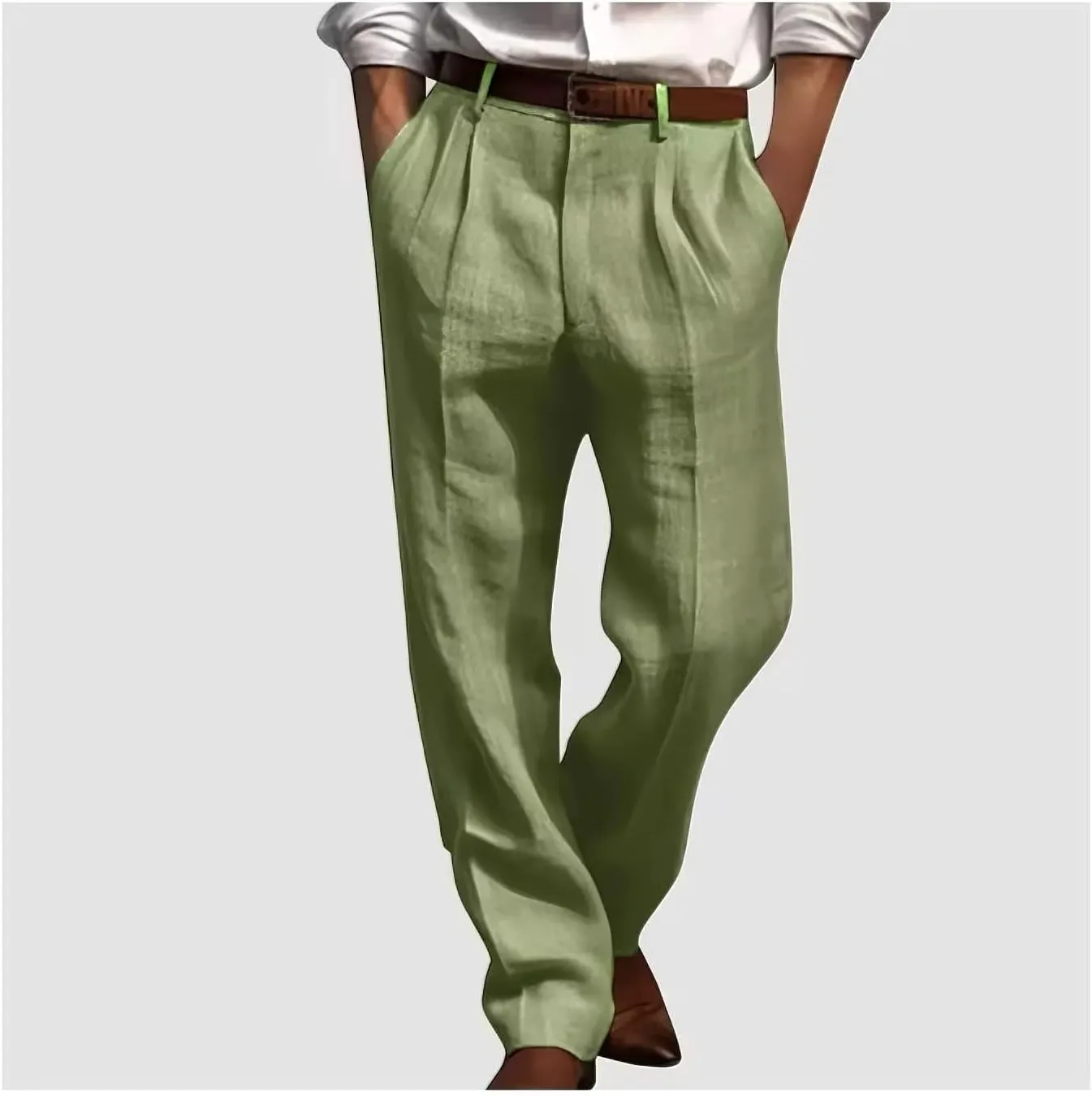 Men's Summer Linen Pleated Front Dress Pants Comfortable Breathable Straight Leg Suit Trousers for Daily Travel