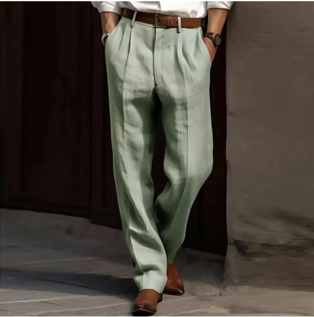 Men's Summer Linen Pleated Front Dress Pants Comfortable Breathable Straight Leg Suit Trousers for Daily Travel