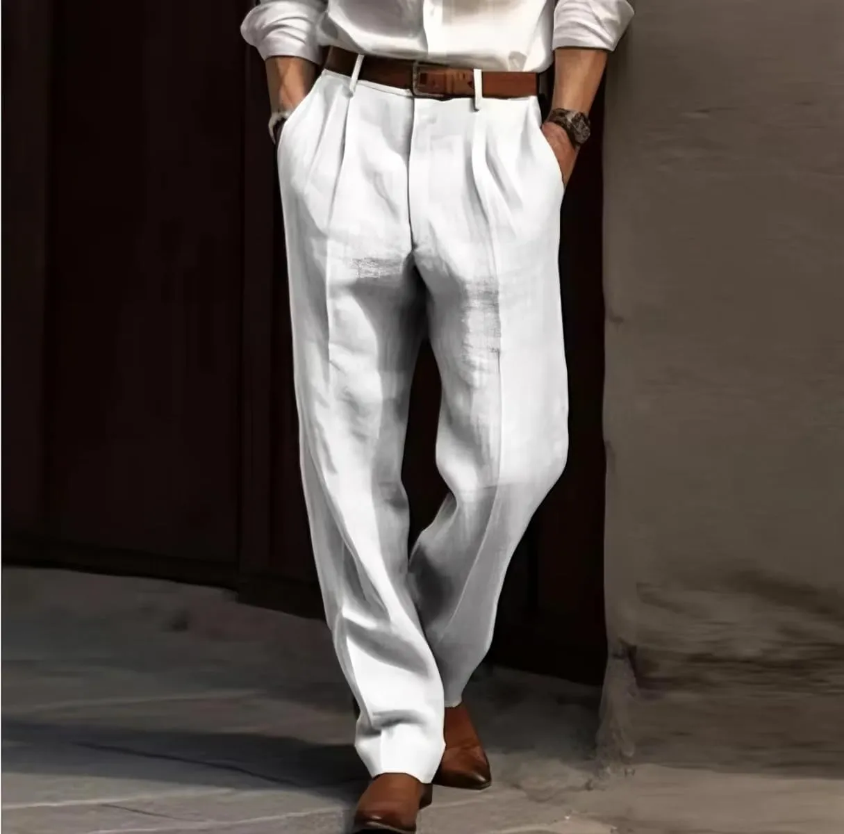Men's Summer Linen Pleated Front Dress Pants Comfortable Breathable Straight Leg Suit Trousers for Daily Travel