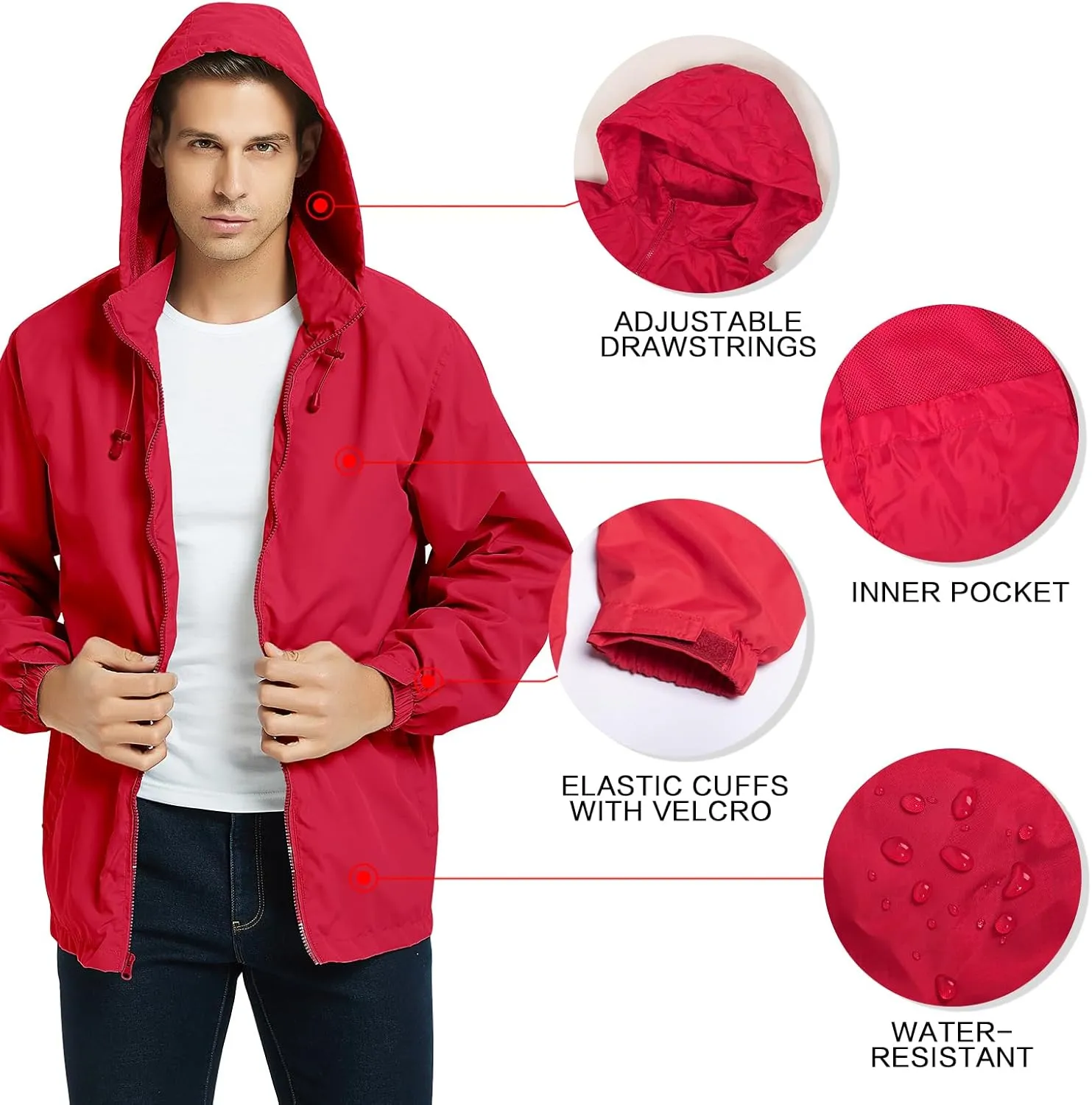 Mywu Mens Windbreaker Jackets Lightweight Rain Jacket Waterproof Raincoat with Hood Outdoor Running Hiking Cycling
