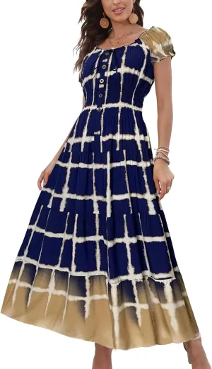OSTOO Women's 2025 Summer Short Sleeves Boho Floral Print Tiered Casual Flowy Long Maxi Dress