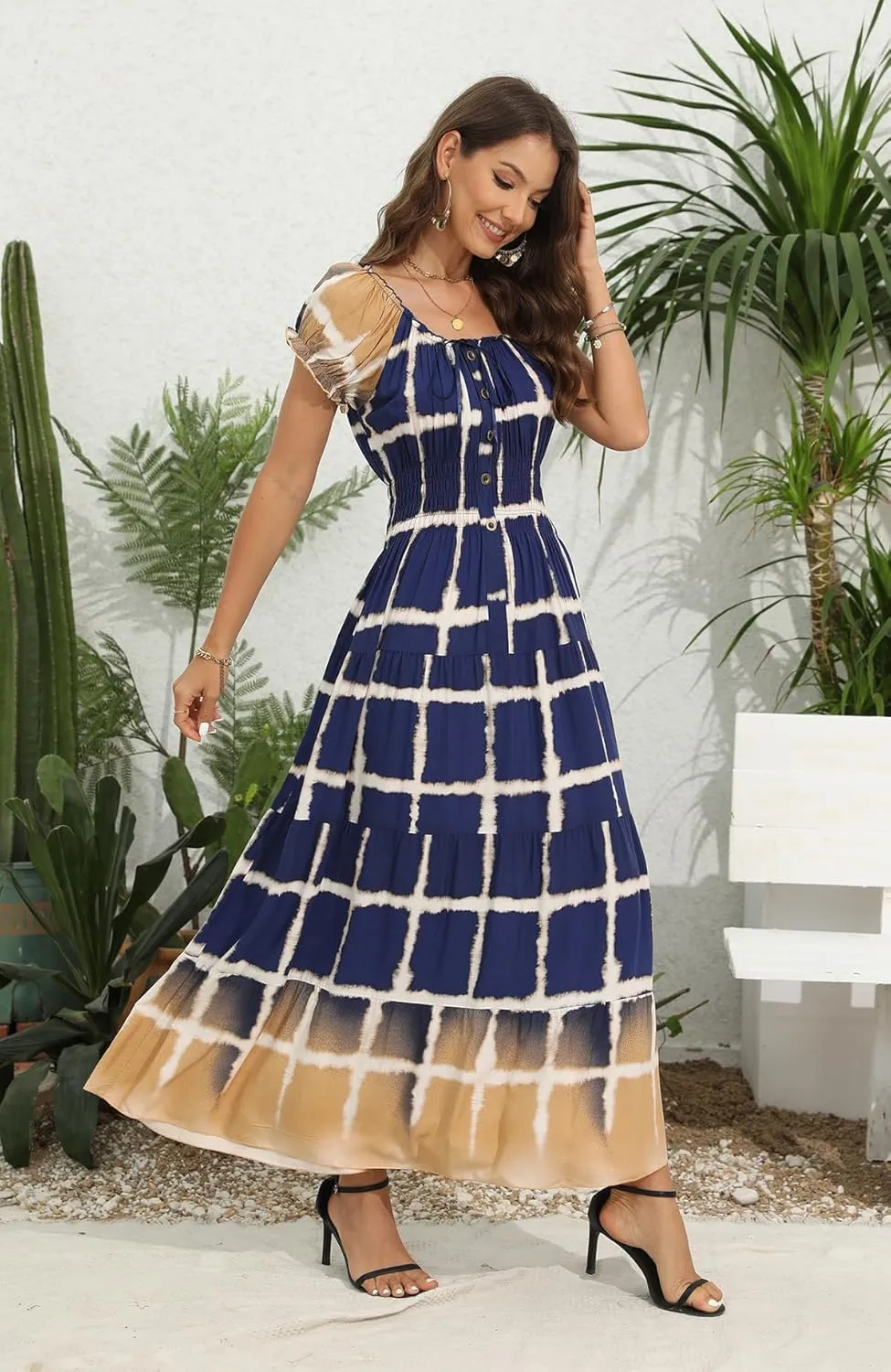 OSTOO Women's 2025 Summer Short Sleeves Boho Floral Print Tiered Casual Flowy Long Maxi Dress