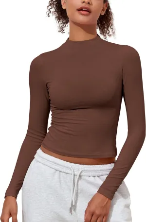 PrettyGuide Women's Cotton Long Sleeve Shirts Mock Neck Basic Tee Tight Fitted Fall Going Out Tops