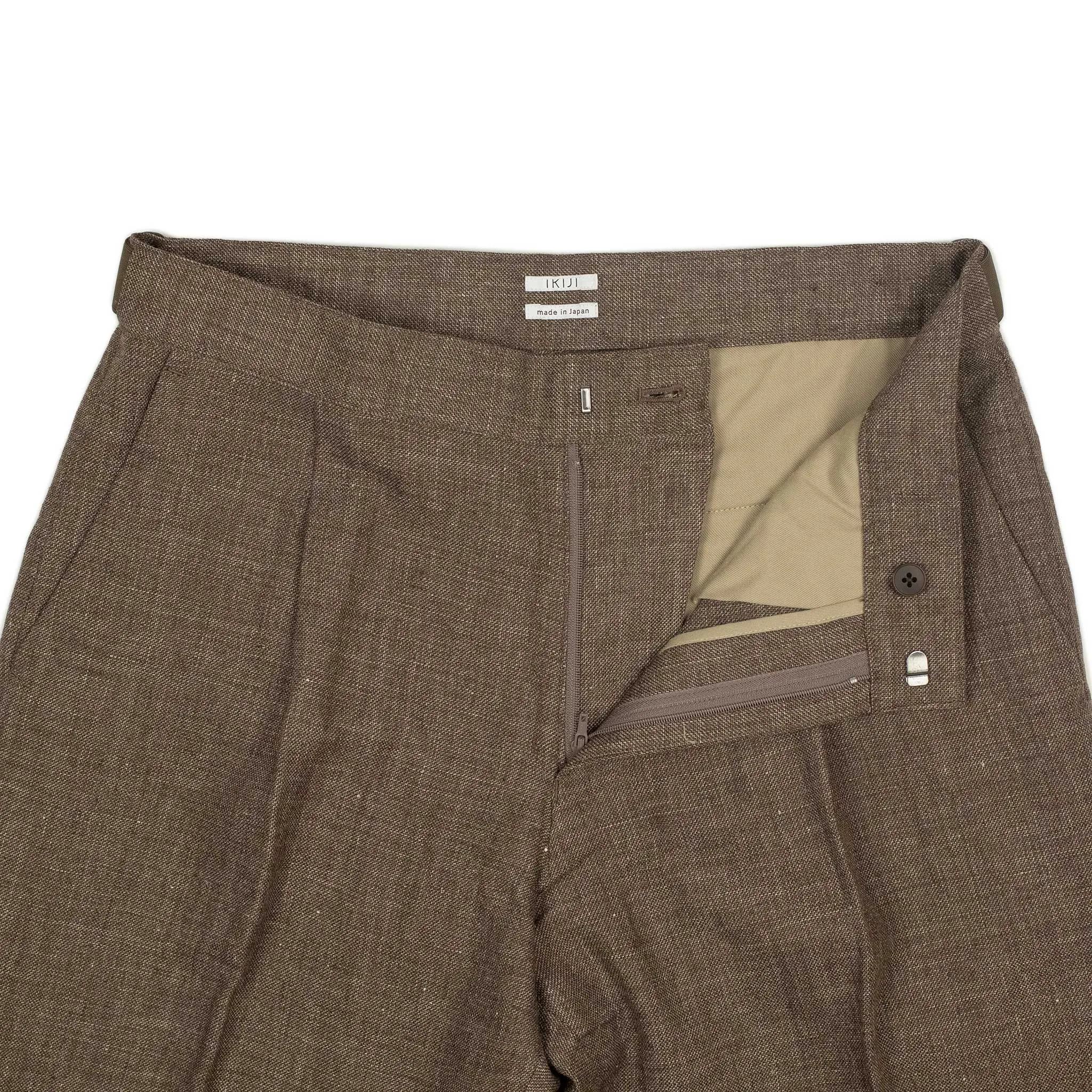 Side tab trousers in mixed brown wool and linen