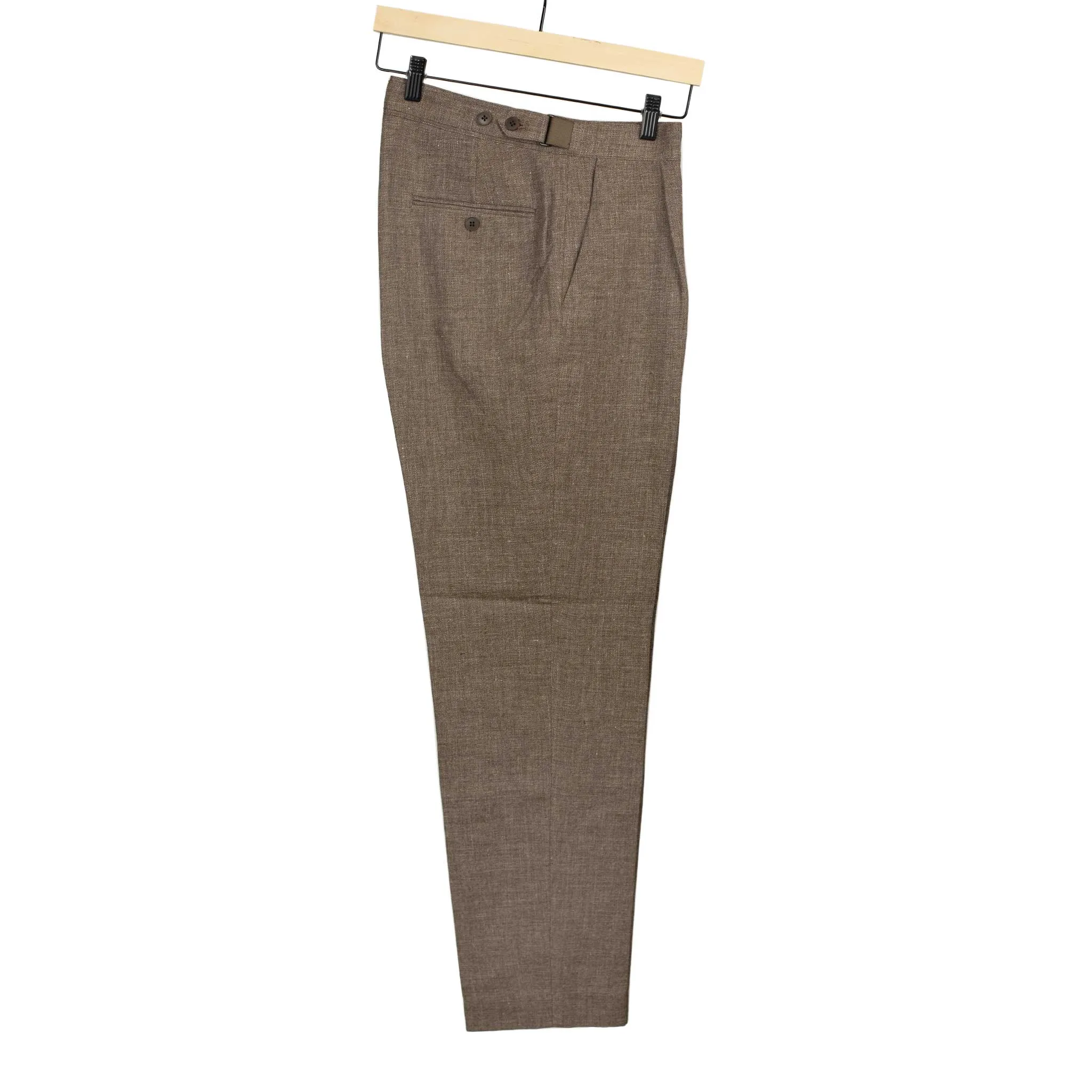 Side tab trousers in mixed brown wool and linen