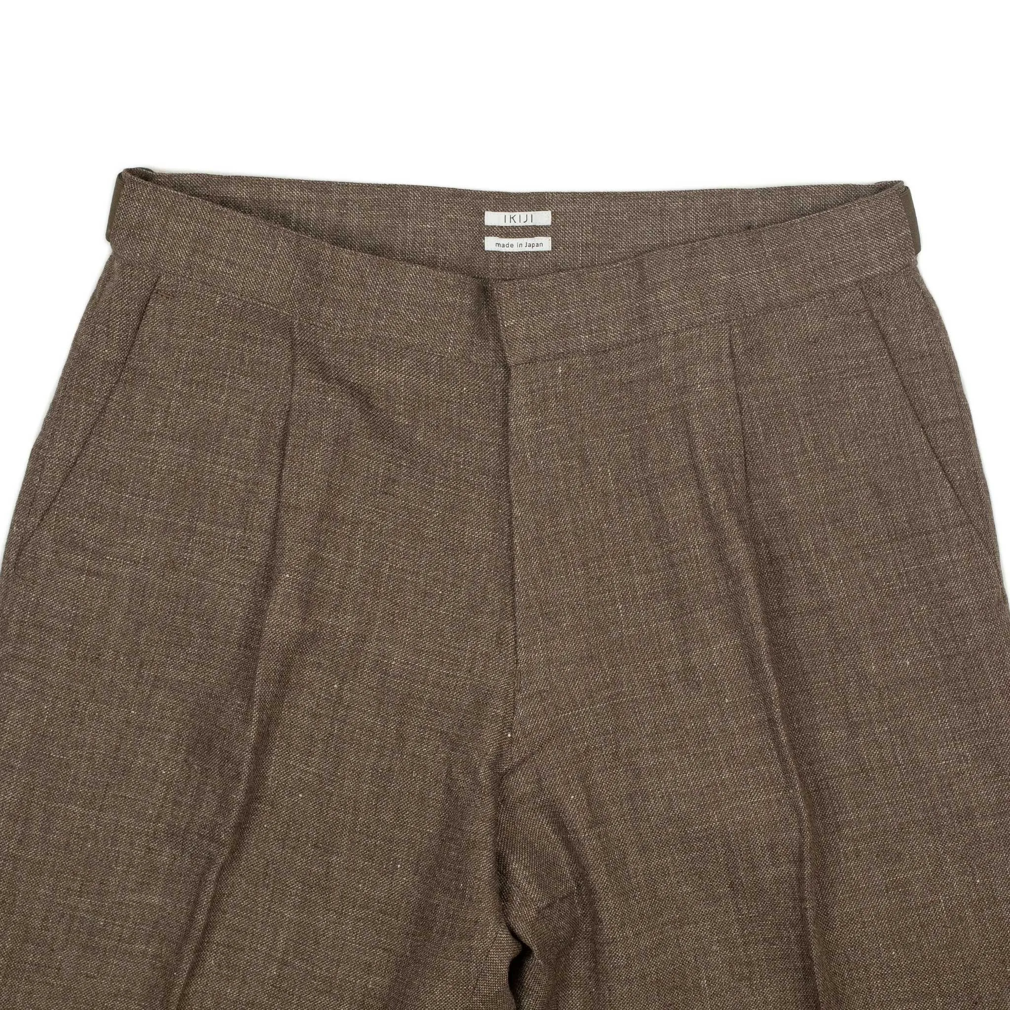 Side tab trousers in mixed brown wool and linen