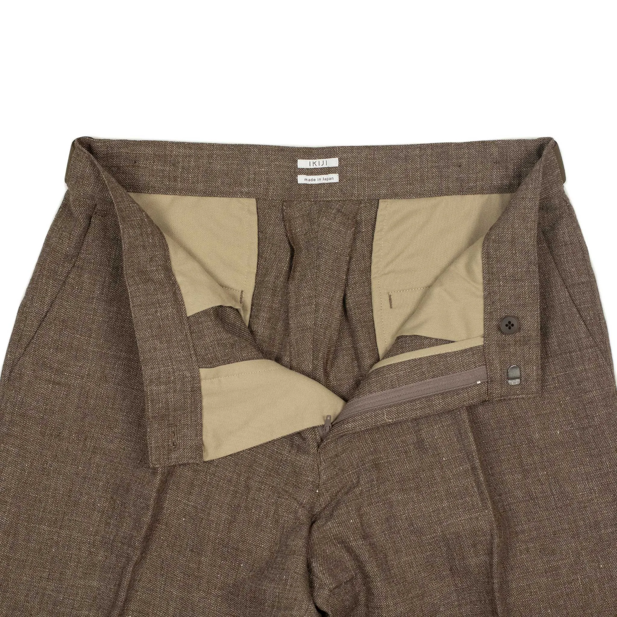 Side tab trousers in mixed brown wool and linen