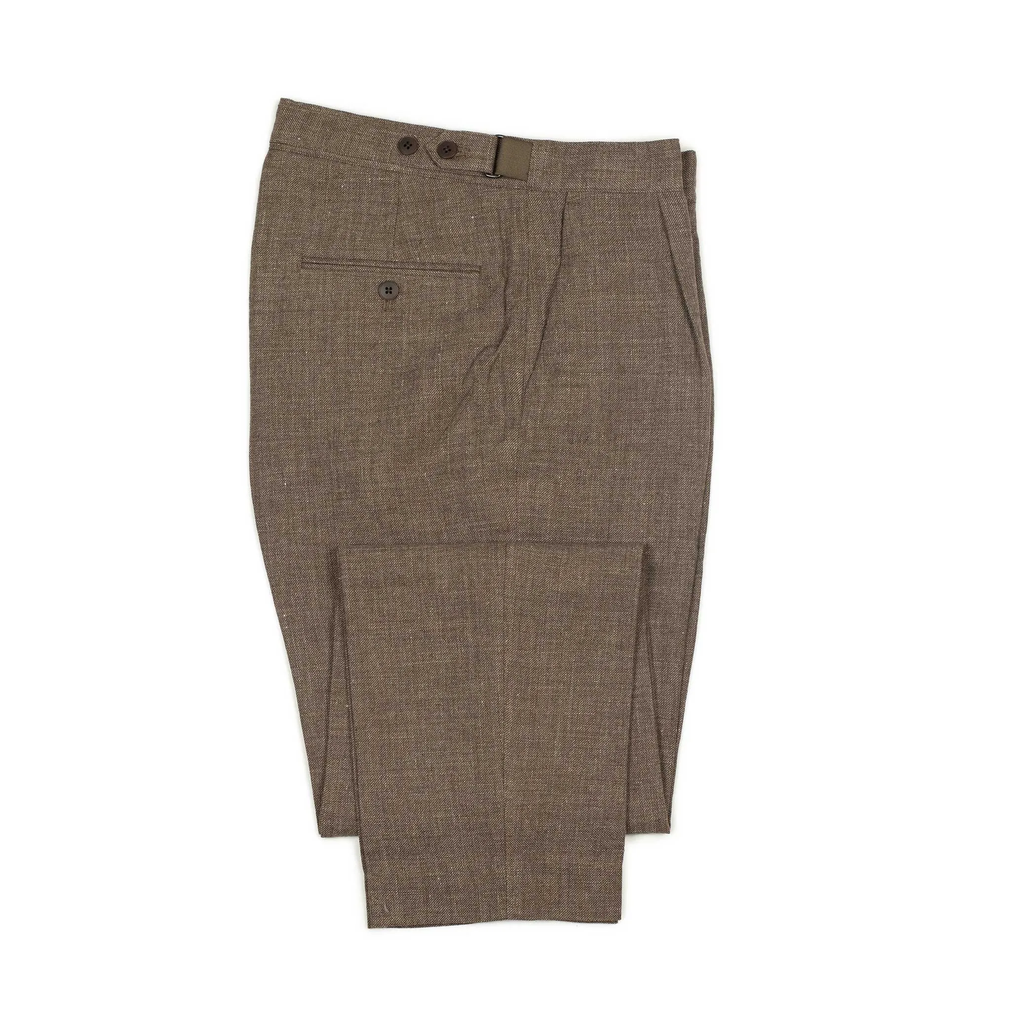 Side tab trousers in mixed brown wool and linen