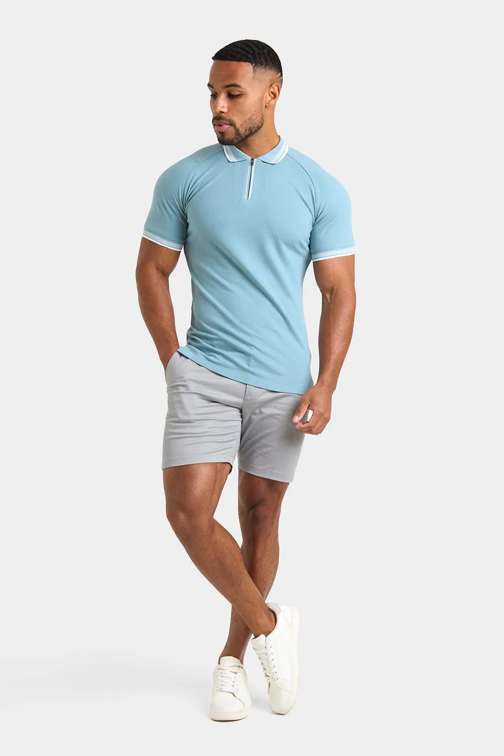 Stripe Tipped Zip Neck Polo Shirt in Aqua