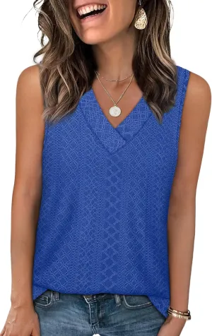 WIHOLL Tank Top for Women Summer Outfits V Neck T Shirts Trendy Eyelet Sleeveless Basic Beach Vacation Clothes