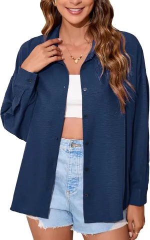 Womens Button Down Shirts Casual Cotton Long Sleeve Dress Shirt Oversized Boyfriend Solid Office Collared Shirt
