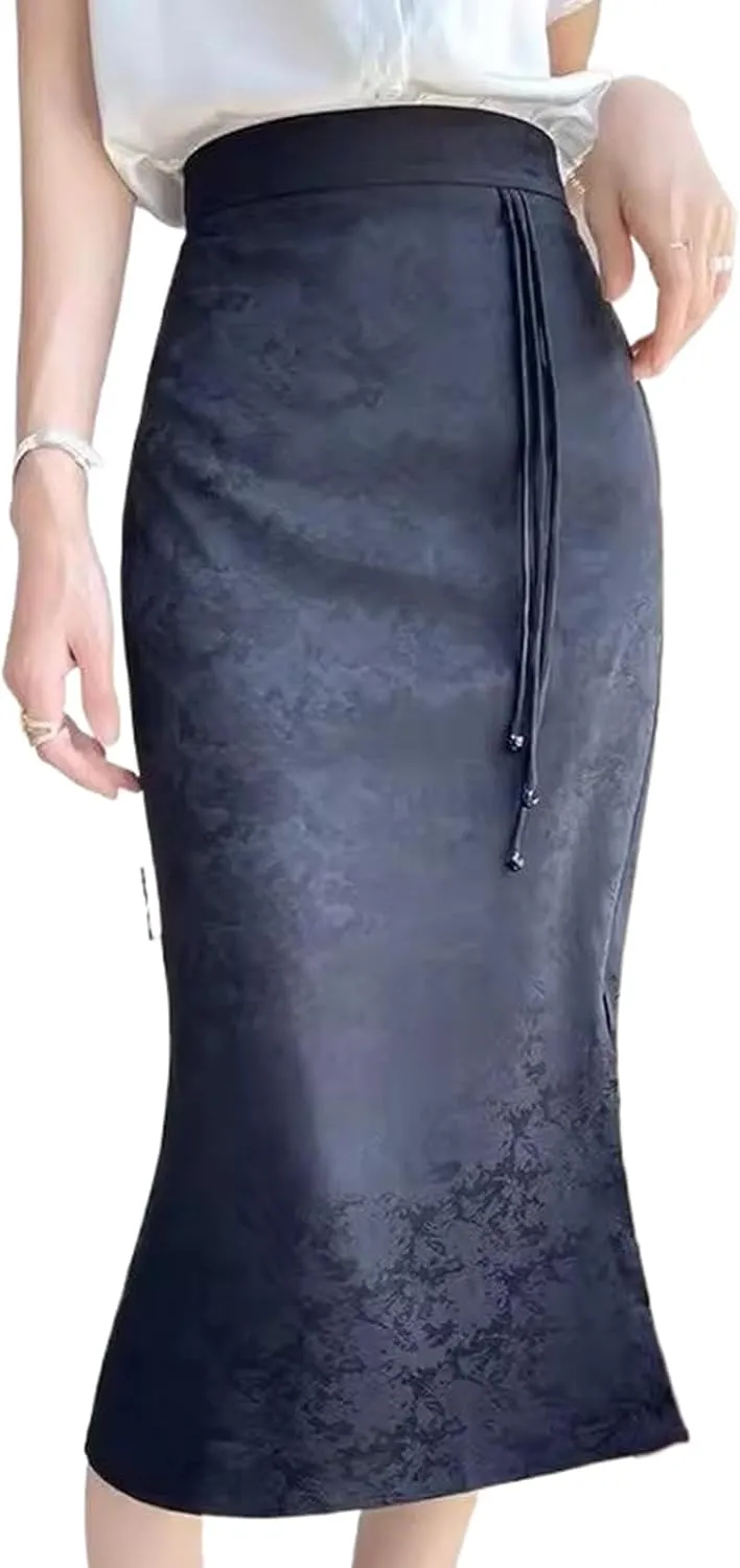 Women's Chinese Style Silk Satin Pencil Skirt,High Waist Vintage Split Midi Skirt for Summer