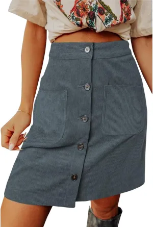 Womens Corduroy Skirts Casual High Waisted Button Down Midi Skirt Loose Solid Color A Line Short Skirt with Pockets